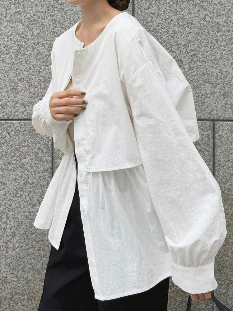 FRIFUL Blusa casual holgada de un solo pecho con cuello de volantes y hombros caídos de unicolor para mujer, otoño - Blanco - Añade 9