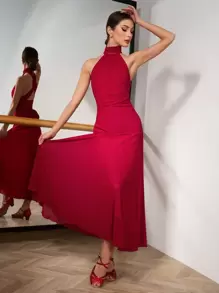 Mulvari Elegant Solid Color Backless Halter Neck Dress, Comfortable Dance Wear Latin Dancewear  Ballet Tutus Ballroom Dance Dresses/Skirts Dancewear/Dance Costumes/Dance Dresses/Dance Skirts
