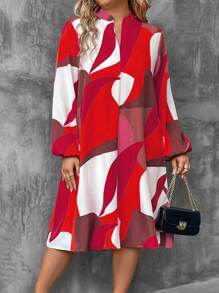 Plus Size Casual Commuter Colorblock Printed Lantern Sleeve Dress