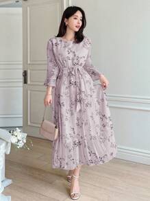 DAZY Women's Elegant Allover Print Pleated Dress, Spring/Summer Floral Sundress