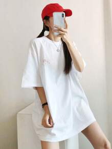 Cartoon Print Drop Shoulder Tee Oversized T-Shirt - White - View 8
