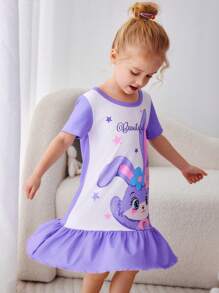 Little Girls Cute Long Ear Rabbit Print Short Sleeve Maxi Nightgown Loungewear