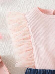2pcs/Set Baby Girls Ribbed Contrast Polka Dot Mesh Ruffle Trim Cap Sleeve Top And Elasticated Waist Denim Heart Embroidered Shorts Set, Comfy & Cute, Suitable For Spring, Summer, Autumn - Multicolor - View 3