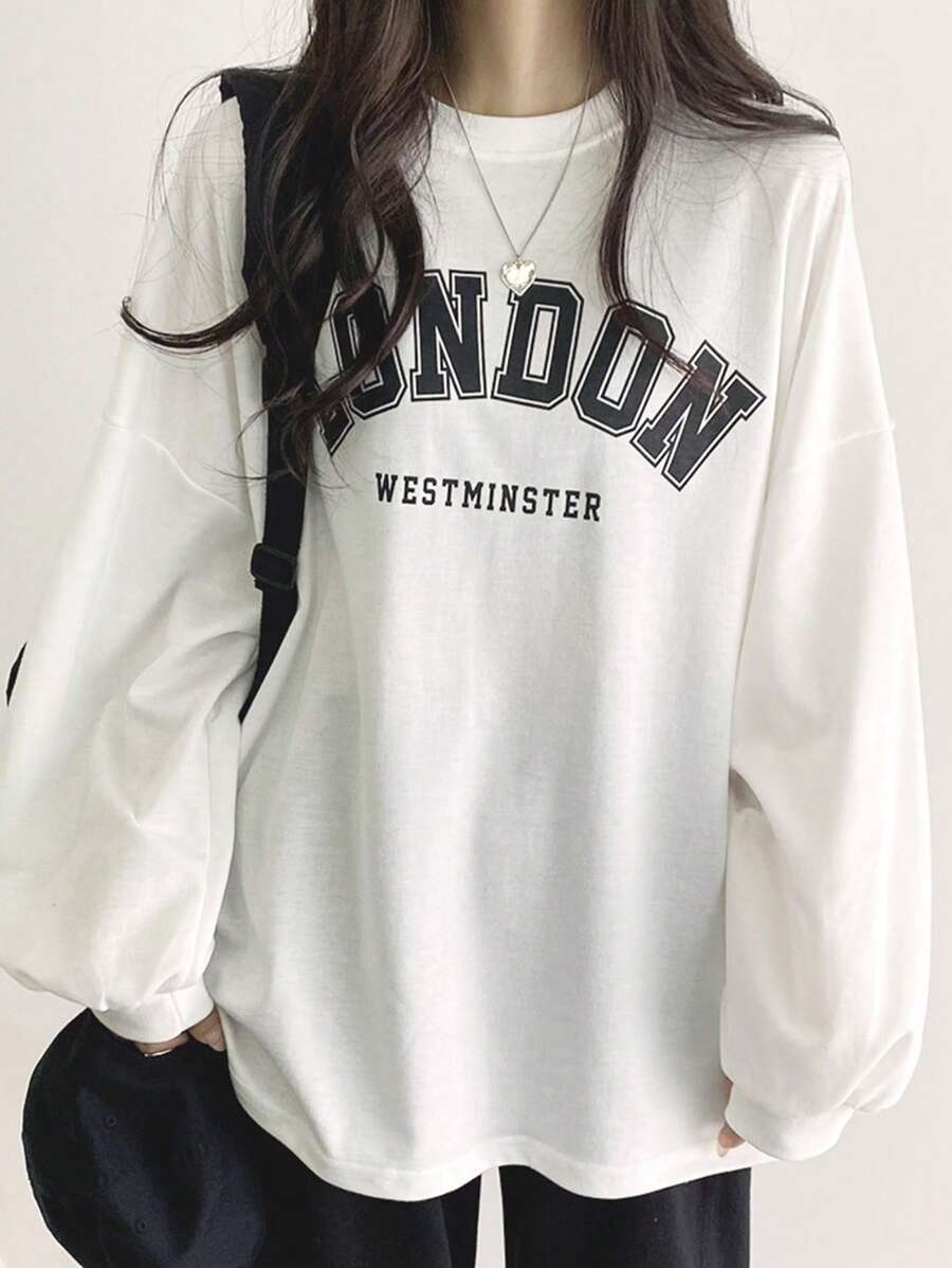 DAZY Oversized T-Shirt mit Buchstaben-Grafik und Dropped Shoulder, Herbstkleidung im Preppy-Stil, Langarm Damen Tops - Weiss - Übersicht 1