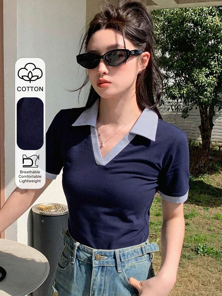 DAZY Camiseta de manga corta para mujer con bloques de color y parches, ideal para verano - azul real - Ver 1