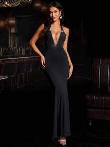 Coutiva Vestido de cóctel con cuello halter sencillo y elegante, adecuado para el verano. Vestido de noche de lujo largo que afina la cintura y el pecho, ideal para bodas. Vestido de graduación y vestido de novia para mujeres. Vestido para invitadas de boda. Vestido de fiesta y vestido de cumpleaños para mujeres. Vestido elegante y ceñido con lentejuelas y abalorios de alta gama, vestido de fiesta.