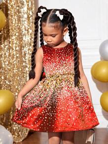 SHEIN Young Girl V-Neck Bow Decor Sleeveless Christmas Party Dress