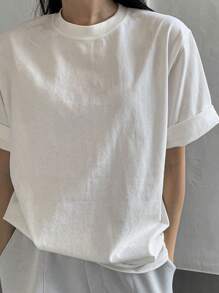 DAZY Solid Round Neck Tee Oversized T-Shirt - White - View 8