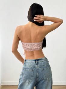 SHEIN LUNE Áo crop top Bandeau cho nữ, áo hai dây ren hở lưng gợi cảm, thiết kế dây đeo vai hở vai theo phong cách cổ điển, ôm vừa vặn, màu hồng mùa hè - Hồng - Xem 2