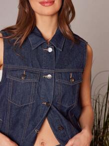 WESTFADE Collared Button Front Boxy Fit Trucker Denim Vest Top