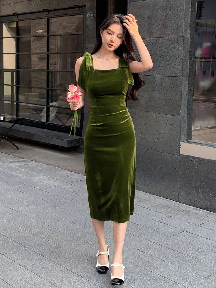 Vestido de Festa Midi de Veludo Feminino, Vestido Social Elegante de Outono/Inverno