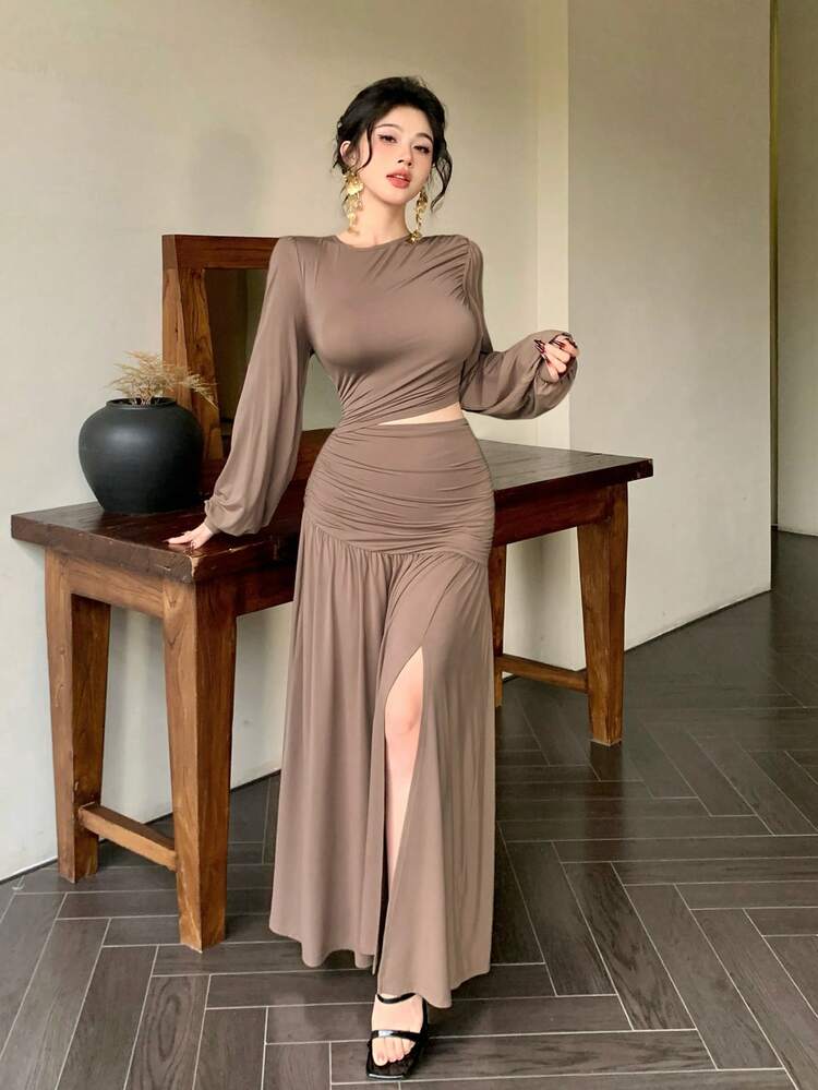 Mid-Long Wedding Party Solid Color Dress With Pleated Splice High Slit Design For Women,Fall Dress Long Sleeve Dress