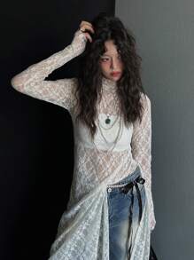 DAZY 女式高领蕾丝透视长开叉下摆衬衫，白色，春夏节日透明长袖女式上衣 - 白色 - 查看 5