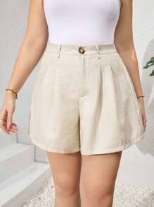 SHEIN LUNE Plus Size Women Solid Color Pleated Loose Casual Versatile Shorts - Apricot - View 3