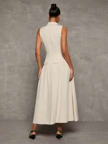 Glamine Old Money Apricot V-Lapel Single Row Of Gold Buttons, Hand-Sewn Decorative Buttons On The Pocket Cover, Sleeveless Suit Vest Jacket With Simple Large A-Line Skirt, Elegant, Women's Suit. Suitable For Parties, Work, Weddings And Daily Suit Dress Skirt Suit Grey Formal Dress Dress Elegant - Apricot - View 2