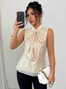 SHEIN Unity Luxury Sleeveless Sequin Sparkling Blouse With Tie Cravat Sexy Women Dress Shirt - Apricot - View 4