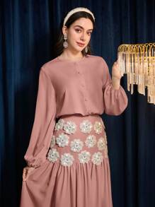 Modelyn Women's Elegant Lantern Sleeve Blouse And Beaded Flower Patch Skirt 2Pcs Set - Pink - View 2