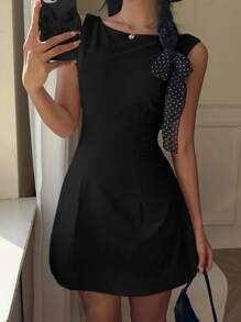 SHEIN EZwear 女士优雅纯色露背无袖迷你连衣裙 - 黑色 - 查看 6