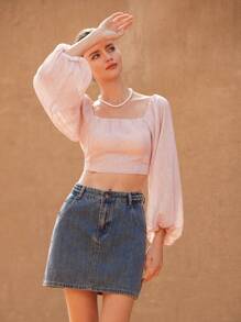 SHEIN Privé Blusa de manga larga con cordones en la espalda y acabado metálico en color rosa para mujeres - Rosa - Ver 2