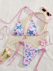 Swim SXY Women Summer Digital Print Beachwear 2pcs Bikini Set With Shoulder Straps, Pink & Polka Dot Pattern