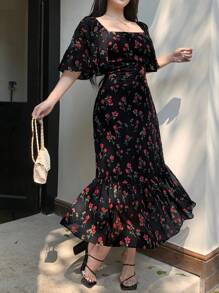 DAZY 优雅女士花卉雪纺荷叶边领鱼尾连衣裙，夏季，挤奶女工连衣裙，度假装，复活节女士 - 黑色 - 查看 1