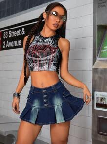 INAWLY Elastic Pleated Vintage Wash Women's Denim Shorts Skirt - Dark Wash - View 4