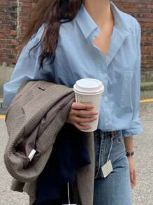 DAZY 口袋贴片落肩衬衫长袖上衣 - 淺藍色 - 查看 5