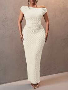 Slaydiva Elegant Sexy Plus Size Women's One Shoulder Textured Striped Dress, Suitable For Christmas, Valentine's Day, Vacation,Graduation Dress