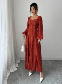 Mulvari Vestido largo de estilo árabe de manga larga y cuello en V simple para mujer