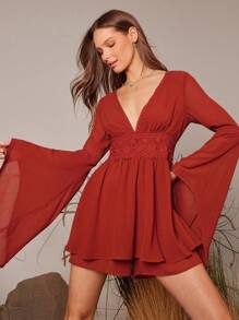 WESTFADE V Neck Fit And Flare Lace Trim Bell Sleeve Romper Spring Summer Outfit - Rust Brown - View 1