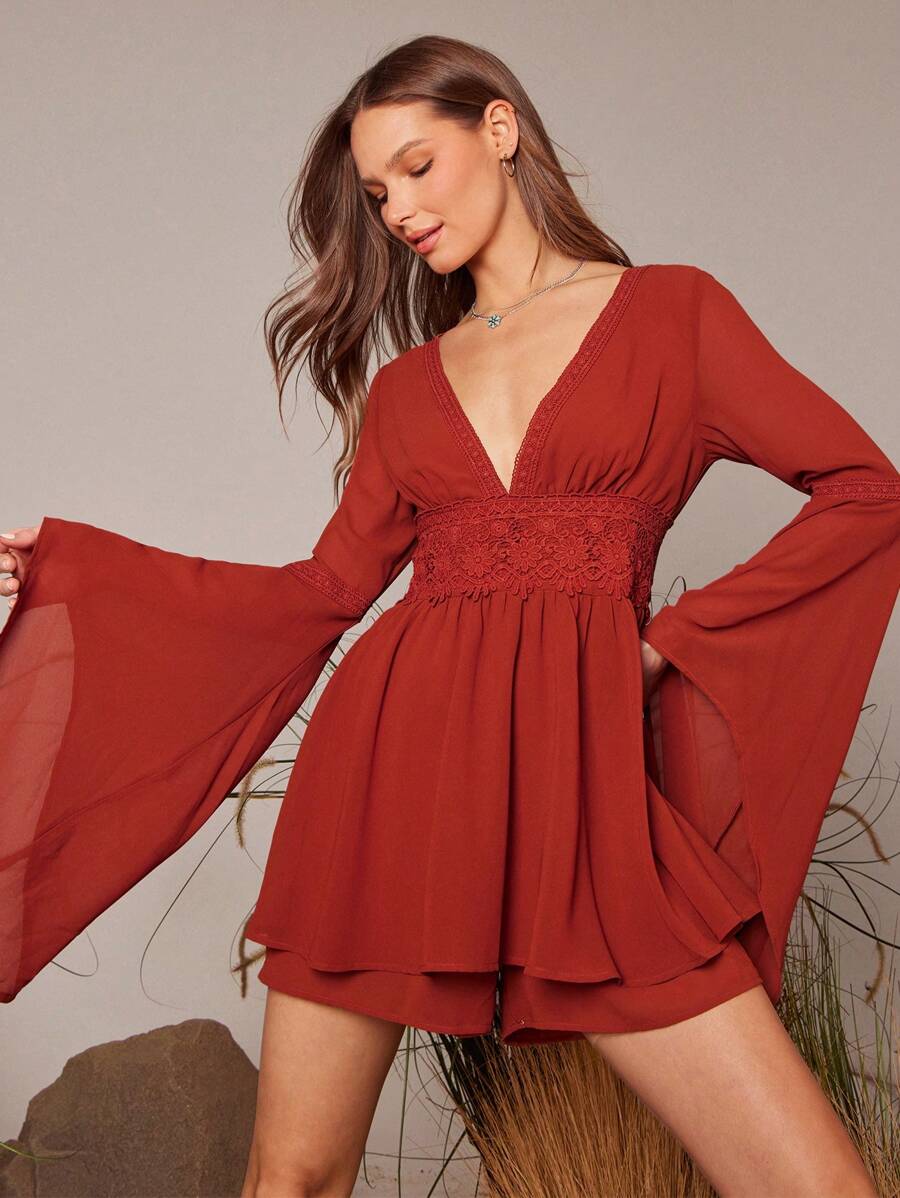 WESTFADE V Neck Fit And Flare Lace Trim Bell Sleeve Romper Spring Summer Outfit - Rust Brown - View 1