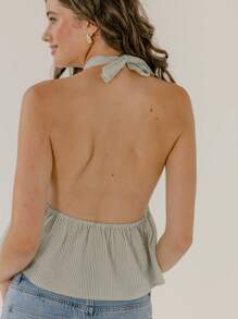 Aralina Striped Halter Neck Flowy Feminine Cute Summer Vacation Top - Green - View 2