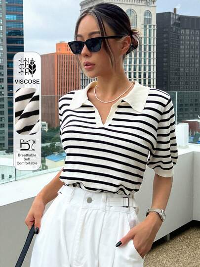 DAZY Blusa de punto casual de mujer con cuello polo de rayas y manga corta, para primavera, verano y otoño