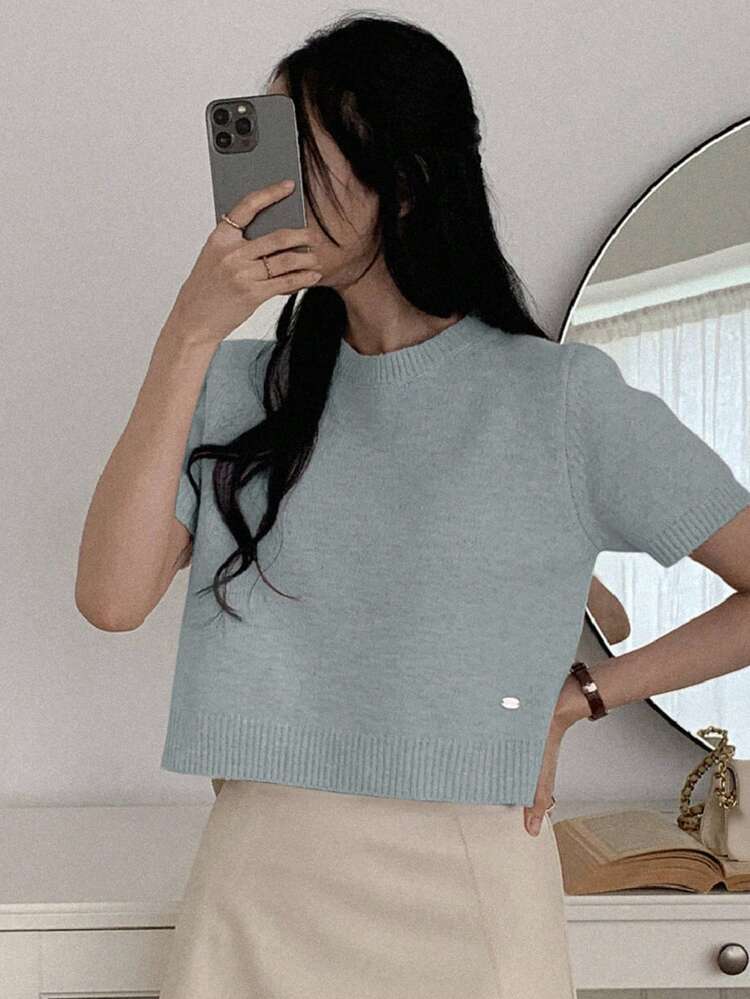 Solid Color Round Neck Short Sleeve Fitted Cropped Casual Knit Top For Women, Spring,Fall Clothes