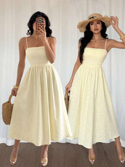 Breezaya 法式时尚优雅甜心领荷叶边喇叭花卉提花纹理机织面料夏季新款纯色女士中长吊带背心连衣裙