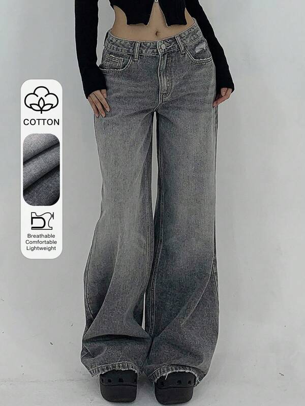 DAZY Women's Solid Color Casual Baggy Denim Jeans With Pockets