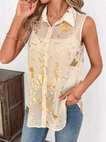 SHEIN Clasi Damska bezrękawnikowa bluzka z nadrukiem foliowym z szyfonu, przezroczysta, na wakacje, lato, plaża dla kobiet, koncert country, wakacje swobodne, kobiety country, kobiety, boho, koncerty kobiet, festiwal rave, dzień św. Patryka, święty Patryk, Ibiza Fits, lato dla kobiet, wiosenna przerwa