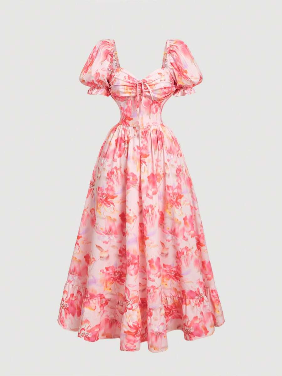 SHEIN MOD 泡泡袖褶皱胸部蝴蝶结腰部花卉印花喇叭下摆粉色连衣裙、单身女郎、露背、性感、风骚、优雅、派对、婚宴、茶会、端庄、舞会、正式、花卉、俱乐部服装女装