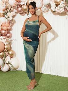Loomaby Vestido de maternidad elegante con efecto tie-dye y espalda cruzada y descubierta para mujeres embarazadas