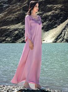Layrah 休闲优雅长袖长裙，简约风格，适合日常穿着，卡夫坦和贾拉比亚，女士奢华晚礼服，端庄 - 粉色 - 查看 7