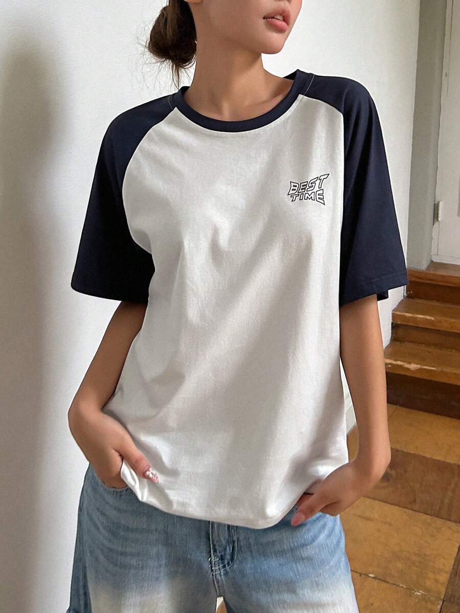 DAZY Women's Summer Round Neck Contrast Color Raglan Sleeve Letter Print Casual Street Style Short Sleeve T-Shirt - Blue and White - View 1