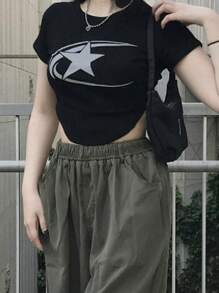 DAZY 女式星星月亮印花短款 T 恤 Y2k - 黑色 - 查看 5