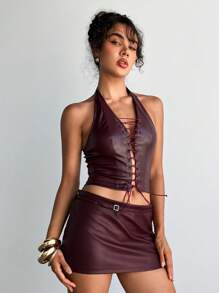 Aloruh Áo ba lỗ hở lưng gợi cảm Ancora dây chéo cho nữ, Áo ba lỗ hở vai PU Y2K không tay cho lễ hội âm nhạc - Màu Đỏ Sâu - Xem 4