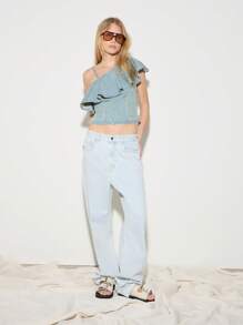 AiiRZ Boho One Shoulder Ruffle Denim Top - Blue - View 3