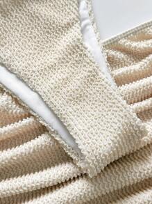 Swim Chiccia 3pcs Women's Beachwear Summer Vacation Outfits, Textured Solid Color Fabric, Gold Asymmetrical Hoop Decor, Strapless Bandeau Top, Thong Bikini Bottom And Mini Skirt Beach Clothes Swimwear Set - Apricot - View 3