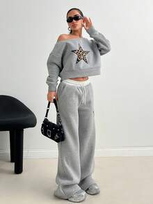 CasuGlow Women's Oblique Shoulder Sweatshirt And Contrast Waistband Drawstring Long Pants, Leopard Print And Star Patch Design, Casual Street Style 2 Piece Set Tracksuit - Grey - View 6