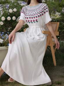 Mulvari Elegant Embroidered Women's Long Dress, Casual And Fashionable For Everyday Wear