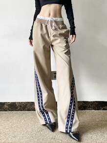 INAWLY Pantalones casuales con panel de rayas laterales de decoración digital para mujer