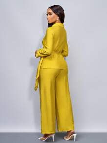 SOLERSUN Quần áo mùa đông cho nữ, trang phục công sở thanh lịch, tiệc năm mới, bộ đồ hai mảnh màu vàng chanh Giáng sinh cho nữ, áo sơ mi dài tay buộc eo - Màu Mù tạt vàng - Xem 2