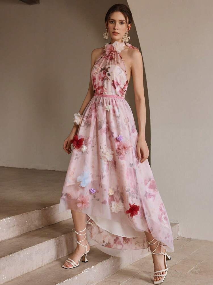 Women Designed Waisted Fitted Slim Floral Print Mesh Printed Dress, Backless, Halter, Summer, Holiday, Festival Outfit, Pink
